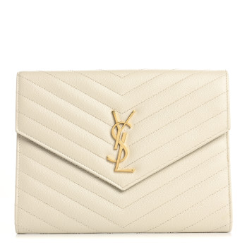 SAINT LAURENT Grain De Poudre Matelasse Chevron Monogram Envelope Clutch Blanc Vintage