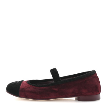 CHANEL Velvet Mary Jane Flats 37 Burgundy Black