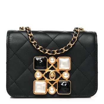 CHANEL Calfskin Quilted Crystal Pearl Mini Flap Bag Black