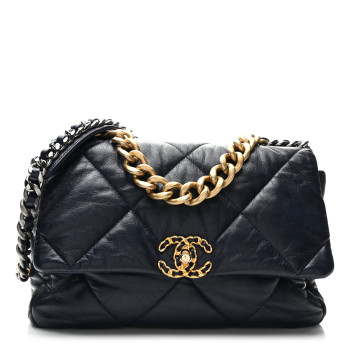 CHANEL Goatskin Quilted Medium Chanel 19 Flap Navy Blue