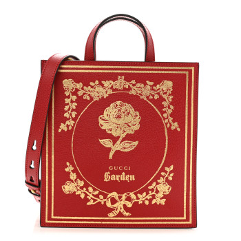 GUCCI Textured Calfskin Garden Flower Vertical Shopping Tote Red