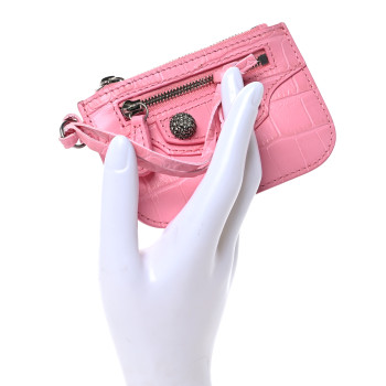 BALENCIAGA Calfskin Crocodile Embossed Crystal Le Cagole Coin Card Holder Sweet Pink