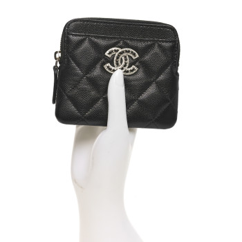 CHANEL Caviar Quilted Crystal Zip Card Holder Wallet Black