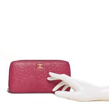 CHANEL Lambskin Camellia Embossed Large Gusset Zip Around Wallet Fuchsia