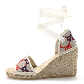 GUCCI Linen Psychedelic Mini GG Monogram Ankle Wrap Platform Espadrille Wedge Sandals 41 Multicolor Mystic White