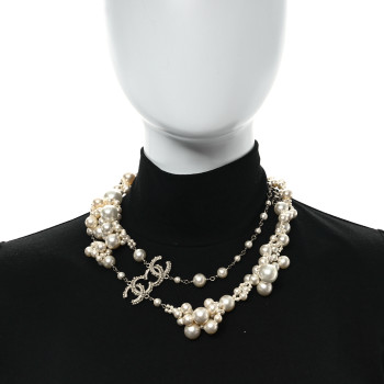 CHANEL Pearl CC Cluster Necklace Silver