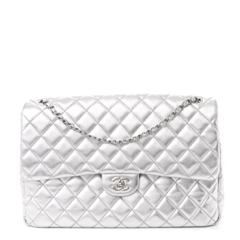 CHANEL Metallic Lambskin Quilted XXL Travel Flap Bag Silver