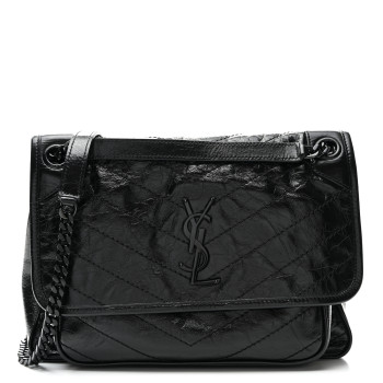 SAINT LAURENT Crinkled Calfskin Matelasse Monogram Medium Niki Chain Satchel Black