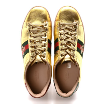 GUCCI Metallic Nappa Web Bee Embroidered Womens Ace Platform Sneakers 38.5 Gold