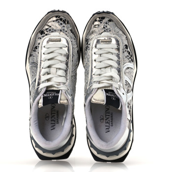 VALENTINO GARAVANI Metallic Calfskin Lace Mesh Lacerunner Sneaker 37.5 Silver Pastel Gray