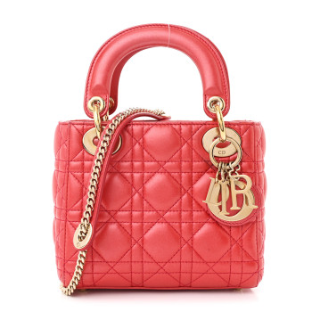 CHRISTIAN DIOR Metallic Lambskin Cannage Mini Lady Dior Red