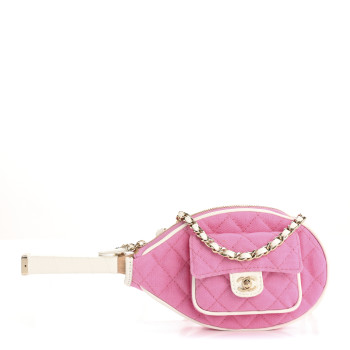 CHANEL Canvas Calfskin Tennis Racket Clutch With Chain Pink