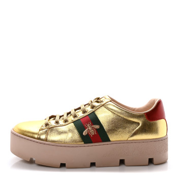 GUCCI Metallic Nappa Web Bee Embroidered Womens Ace Platform Sneakers 38.5 Gold