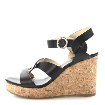 JIMMY CHOO Vachetta Cork Aleili 100 Wedge Sandals 40 Black