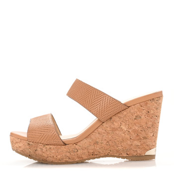 JIMMY CHOO Calfskin Cork Parker Wedge 100 Sandals 38.5 Tan