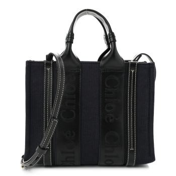 CHLOE Calfskin Linen Small Woody Tote Deep Denim