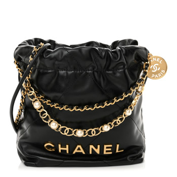 CHANEL Shiny Calfskin Quilted Pearl CC Chain Mini Chanel 22 Black