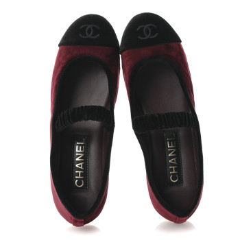 CHANEL Velvet Mary Jane Flats 37 Burgundy Black