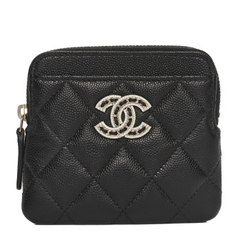 CHANEL Caviar Quilted Crystal Zip Card Holder Wallet Black