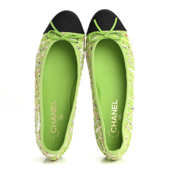 CHANEL Tweed Grosgrain Cap Toe Ballerina Flats 39 Green Black