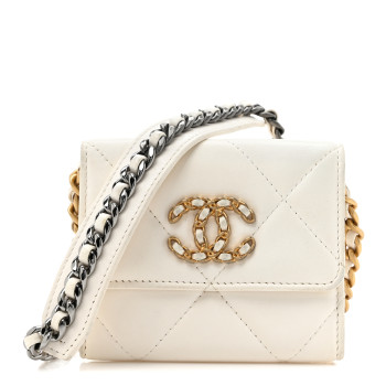 CHANEL Lambskin Quilted Chanel 19 Flap Coin Purse With Chain White