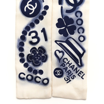 CHANEL Silk CC Slim Bandeau Scarf White Blue