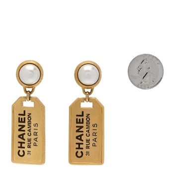 CHANEL Pearl CC Tags Drop Earrings Gold