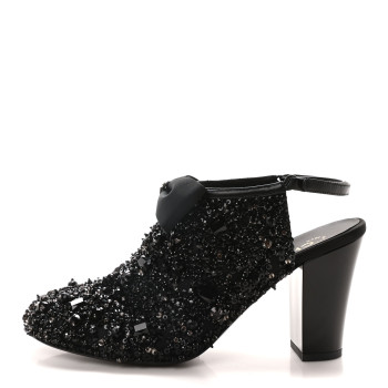 CHANEL Grosgrain Beaded Bow Slingback Boots 38.5 Black