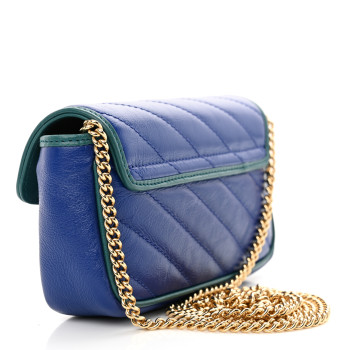GUCCI Azalea Calfskin Enamel Matelasse Diagonal Super Mini Torchon GG Marmont Shoulder Bag Imperial Blue Pavone