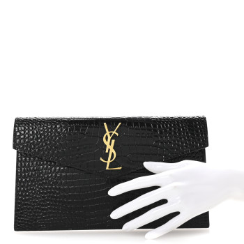 SAINT LAURENT Calfskin Crocodile Embossed Uptown Monogram Pouch Black