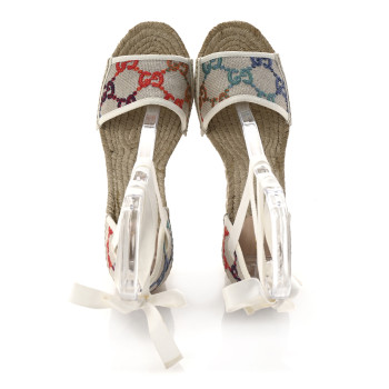 GUCCI Linen Psychedelic Mini GG Monogram Ankle Wrap Platform Espadrille Wedge Sandals 41 Multicolor Mystic White