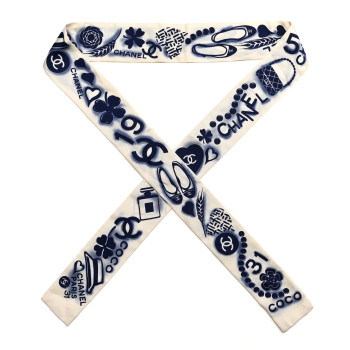 CHANEL Silk CC Slim Bandeau Scarf White Blue