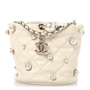 CHANEL Lambskin Quilted Pearl Mini About Pearls Drawstring Bag White