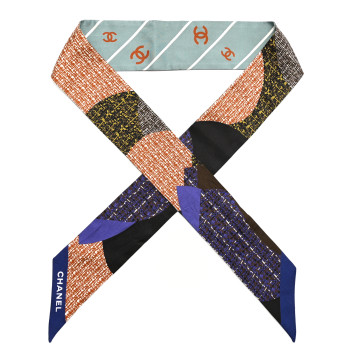 CHANEL Silk Twill Slim Bandeau Scarf Blue Multicolor