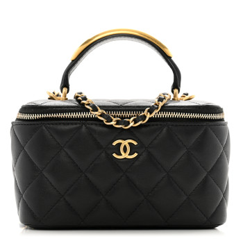 CHANEL Lambskin Quilted Metal Small Top Handle Vanity Case With Chain Black