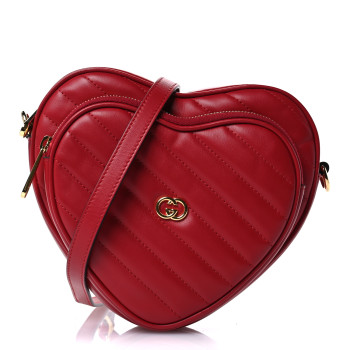 GUCCI Calfskin Matelasse Diagonal Mini Interlocking G Heart Shoulder Bag Hibiscus Red
