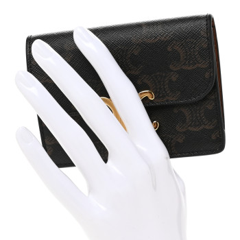 CELINE Triomphe Canvas Calfskin Flap Card Holder Tan