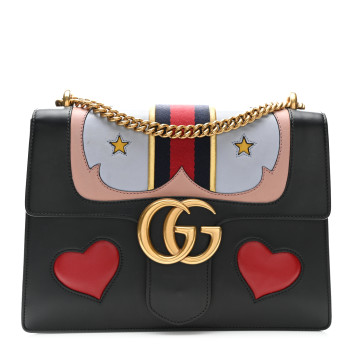 GUCCI Calfskin Web Heart Medium GG Marmont Chain Handle Bag Black
