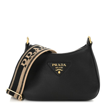 PRADA Vitello Daino Soft Zippered Hobo Shoulder Bag Black