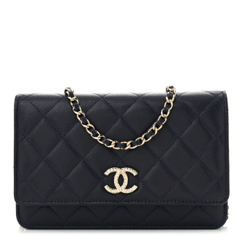 CHANEL Caviar Quilted Hammered CC Wallet on Chain WOC Navy Blue