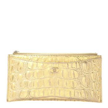 CHANEL Metallic Calfskin Crocodile Embossed Cocodile Zip Pouch Gold