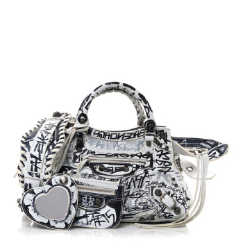 BALENCIAGA Agneau Arena Graffiti Neo Cagole Handbag XS White Black