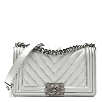 CHANEL Metallic Caviar Chevron Quilted Medium Boy Flap Silver