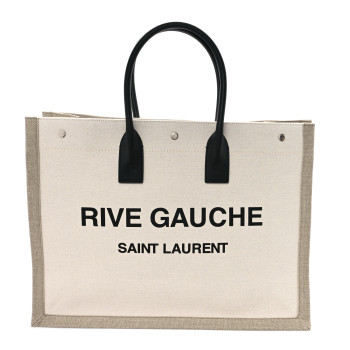 SAINT LAURENT Linen Calfskin Rive Gauche Tote Greggio Natural