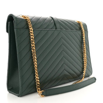 SAINT LAURENT Grain De Poudre Matelasse Chevron Large Monogram Satchel Dark Green