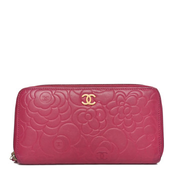 CHANEL Lambskin Camellia Embossed Large Gusset Zip Around Wallet Fuchsia