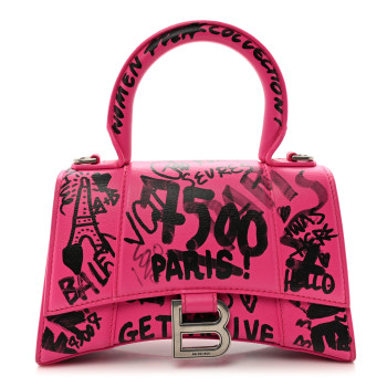 BALENCIAGA Smooth Calfskin Graffiti Hourglass Top Handle Bag XS Acid Fuchsia Black