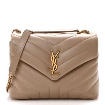 SAINT LAURENT Calfskin Y Quilted Monogram Small Loulou Chain Satchel Dark Beige