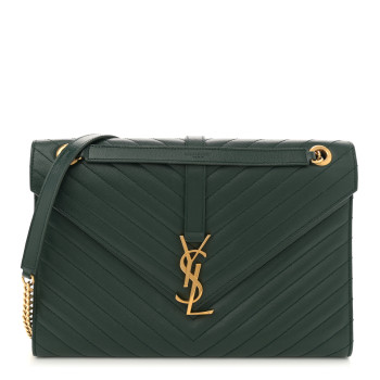 SAINT LAURENT Grain De Poudre Matelasse Chevron Large Monogram Satchel Dark Green