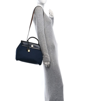 HERMES Military Toile Vache Hunter Herbag Zip Retourne 31 PM Bleu Indigo Black